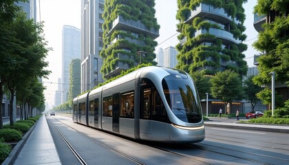 Obraz premium modern tram moving through a sustainable solarpunk city with vertical gardens and green architecture