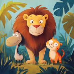 A Lion and Two Friends in a Jungle Setting