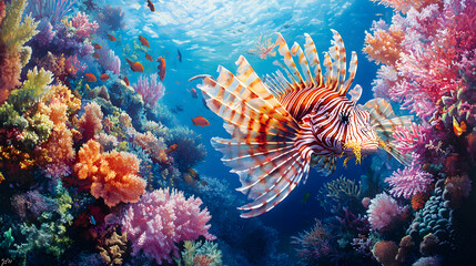 A breathtaking scene of a vibrant lionfish gliding through a vivid coral reef bustling with life and color.