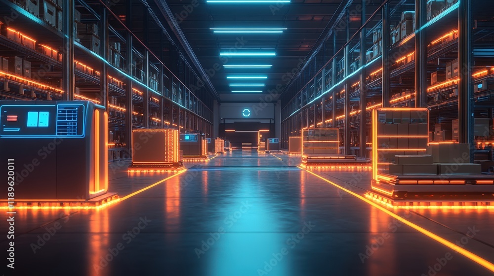 Poster in a modern warehouse, autonomous robots move between shelves, efficiently managing inventory. the a