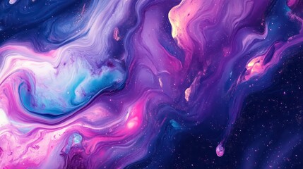 Abstract cosmic swirl painting with purple, pink, blue, and white colors.