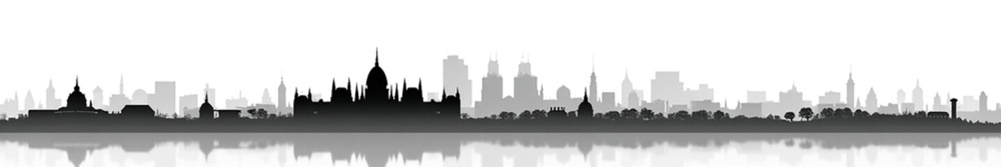 Fototapeta premium A minimalist black and white silhouette of a city skyline, featuring various architectural styles and a reflective water surface.