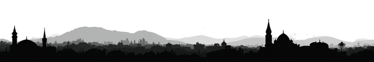 Fototapeta premium Silhouette of a city skyline featuring iconic architectural elements and rolling hills in the background, showcasing a blend of historical and modern structures.