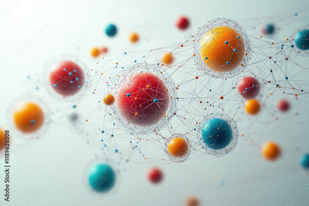 Poster colorful spheres interconnected by network of lines create visual representation of global connectio