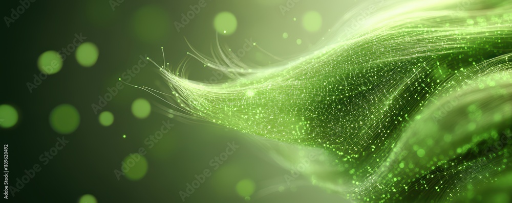 Poster luminous green abstract wave with sparkling particles