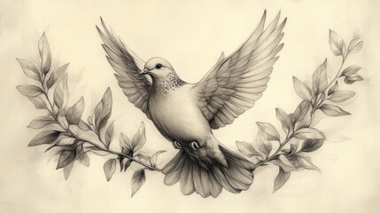 Dove Peace Branch Flight Sketch Memorial Art