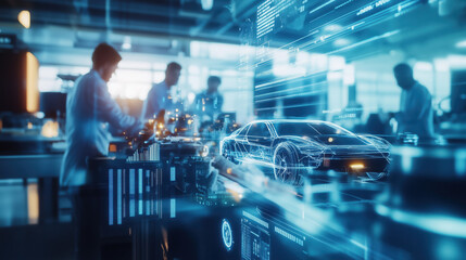 Obraz premium Design Team Working on a Prototype of a Futuristic Car in a High-Tech Lab, with Blurred Background of Market Graphs Reflecting Global Trends in Automotive Innovation and Pricing