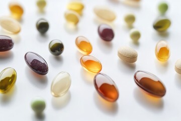 Colorful assortment of pills and capsules arranged on a white surface showcasing various shapes and sizes in natural light. Generative AI