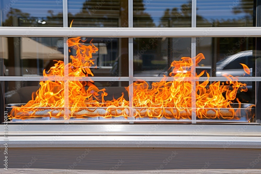 Poster a window with a fire burning in front of it