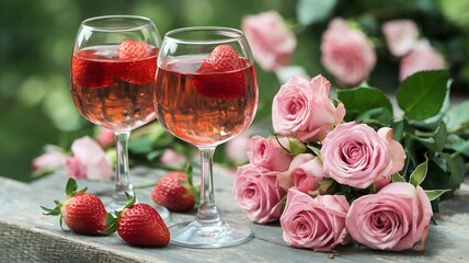 Romantic scene, two wine glasses with strawberries and roses closeup – perfect for intimate celebrations and date nights