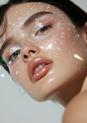 Close-up portrait of a young woman's face. she has dark hair and her eyes are looking directly at the camera. her lips are slightly parted and her nose is slightly upturned.