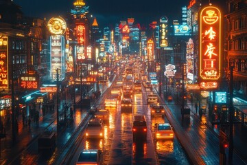 A vibrant cityscape at night, illuminated by neon lights and bustling traffic.