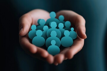 Hands gently hold teal human icons team care, retention. Emphasizing employee well-being, company loyalty. Valuable team members nurtured, protected. Business growth, success linked to supporting