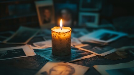 A poignant image of a chandelier burning in a smoke room, surrounded by photographers and historical documents