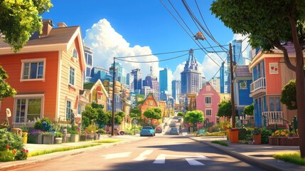 Obraz premium A vibrant suburban street with colorful houses and a city skyline in the background.