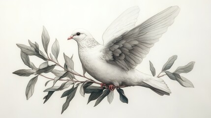 Fototapeta premium White dove peace symbol perched olive branch, soft background, spiritual design