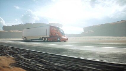 Red futuristic electric truck very fast driving on desert highway. Logistic, future concept. 3d rendering.