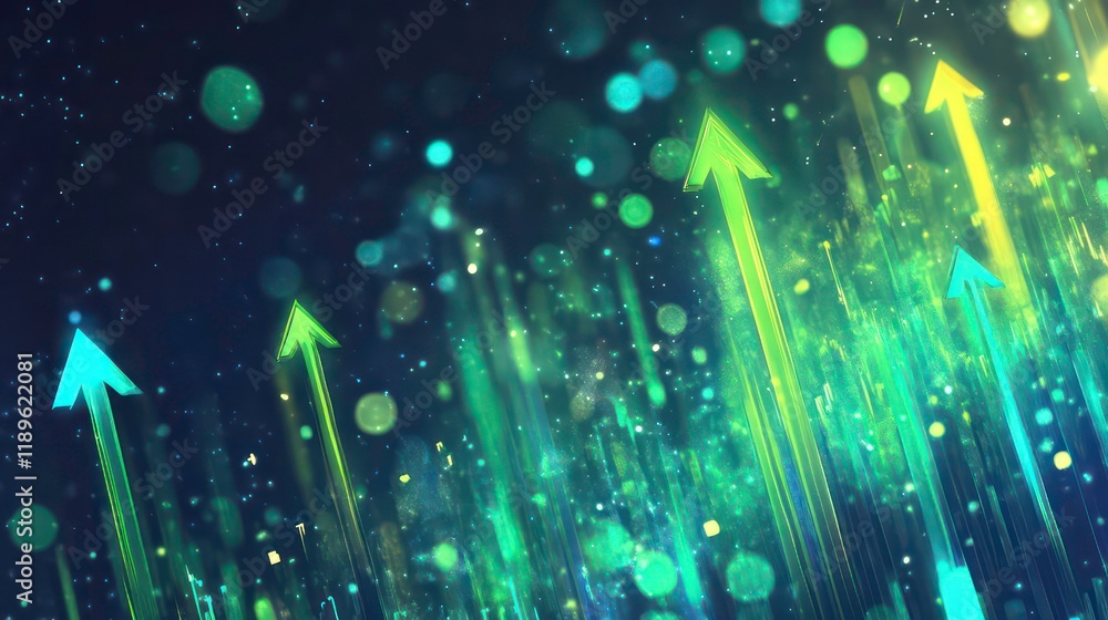 Poster Abstract glowing green arrows rising on dark background with bokeh effect.