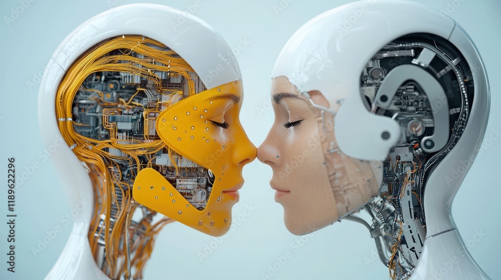 Poster futuristic face-to-face encounter between two humanoid robots showcasing advanced technology