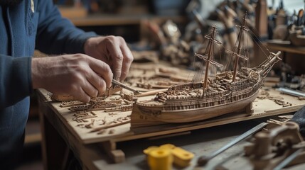 Craftsman meticulously detailing a wooden ship model in his workshop.