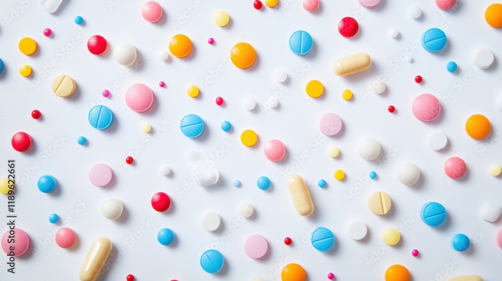 Leinwandbilder colorful assortment of various pills and capsules spread on a white surface in a vibrant display of 