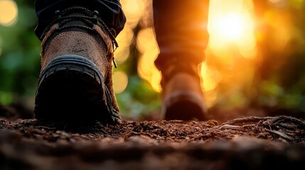 Close-up of boots hiking on a trail through a forest at sunrise