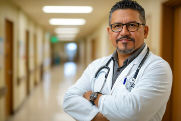 Middle-age Hispanic male doctor with white lab coat and stethoscope, standing in hallway with arms crossed, copy space