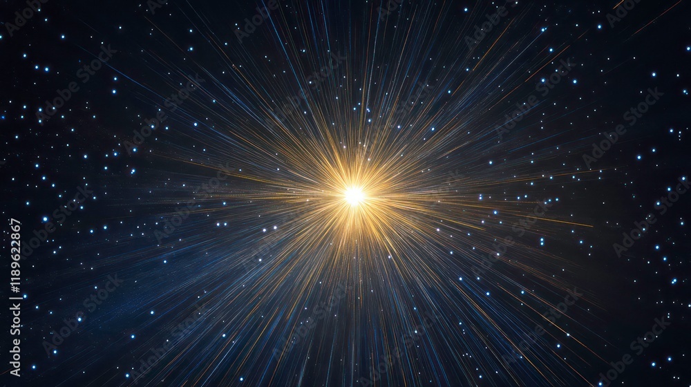 Poster Bright starburst in dark space with light rays and sparkling dust.