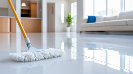 A mop at a freshly cleaned floor.