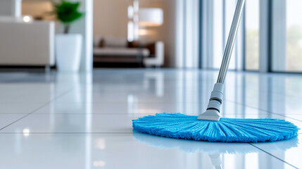 A mop at a freshly cleaned floor.
