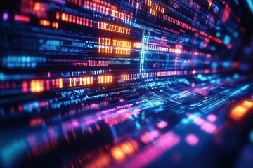 Futuristic low code platform shows vibrant coding symbols. Colorful digital tech displays innovation, creative design. Modern software solution with dynamic visual interface. Efficient system datum