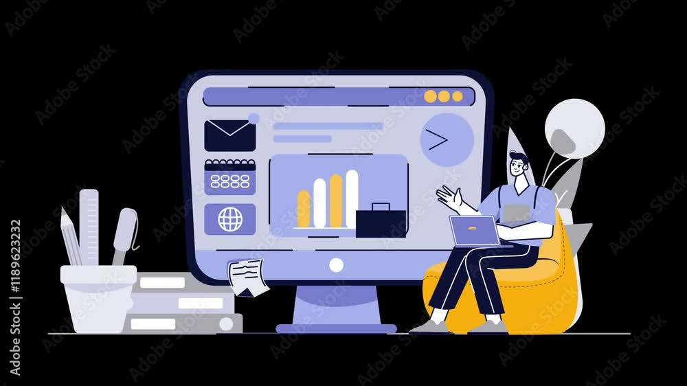 Poster a person working on a laptop in front of a large screen displaying charts and data, representing bus