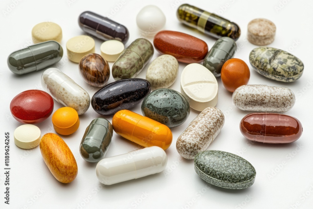 Aufkleber Colorful assortment of capsules and pills on a white background showcasing a variety of shapes and sizes for health. Generative AI