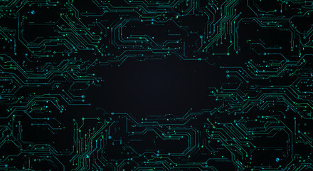 Abstract Futuristic Technology Background Glowing Circuit Board Design with Green and Blue Lines