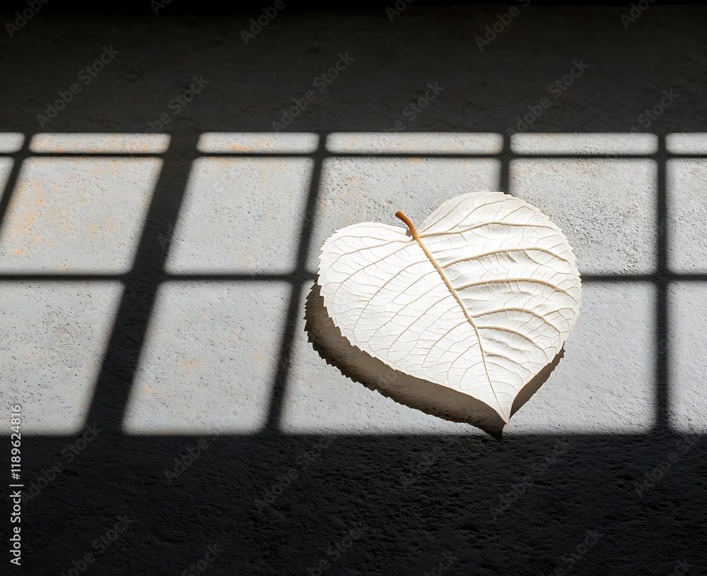 Canvas Prints Heart-shaped leaf on textured surface with window shadows.