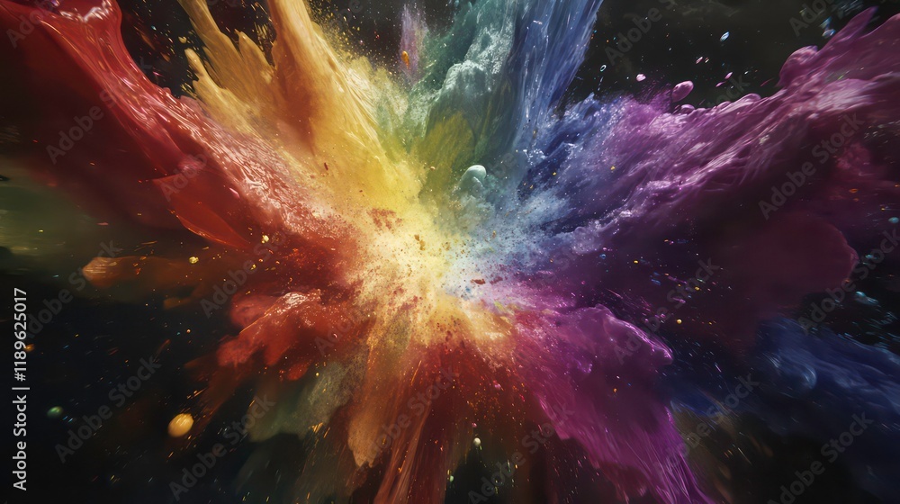 Poster vibrant rainbow color explosion with paint splatters and particles on black background.