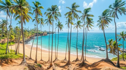 Tropical beach paradise; palm trees, turquoise ocean, idyllic vacation