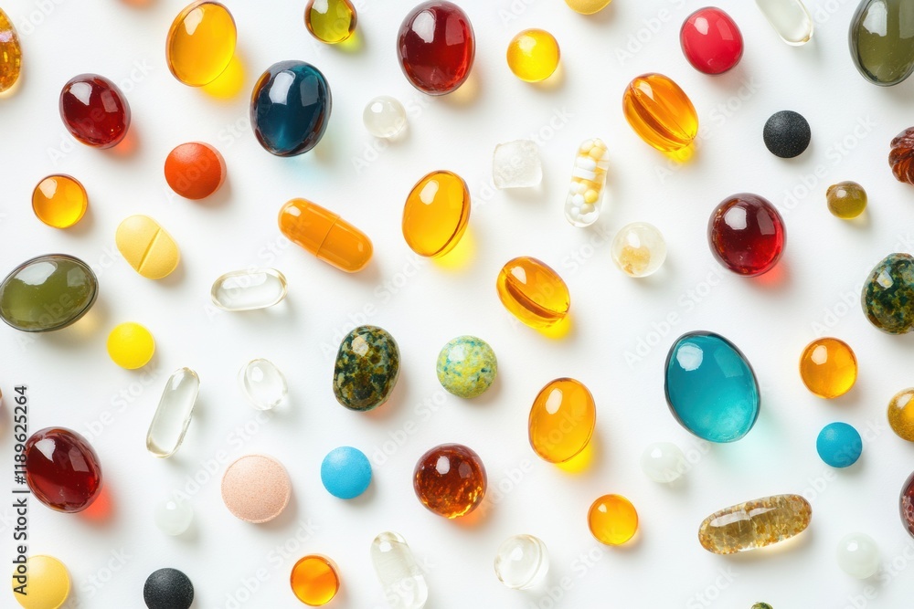 Aufkleber Colorful assortment of various pills and capsules arranged on a white surface for health and wellness concepts. Generative AI