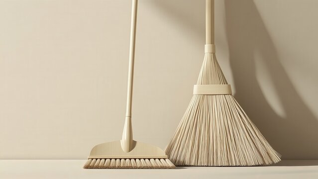 Minimalistic image of cleaning tools including a broom and brush against a neutral background
