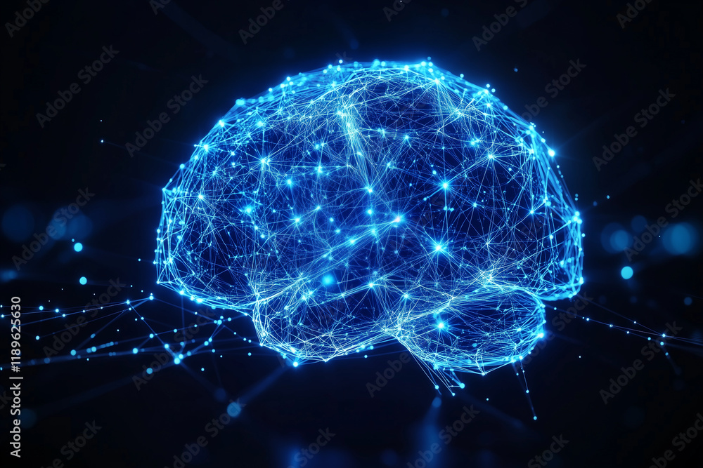 Poster digital brain representation with neural connections and thinking process on dark background