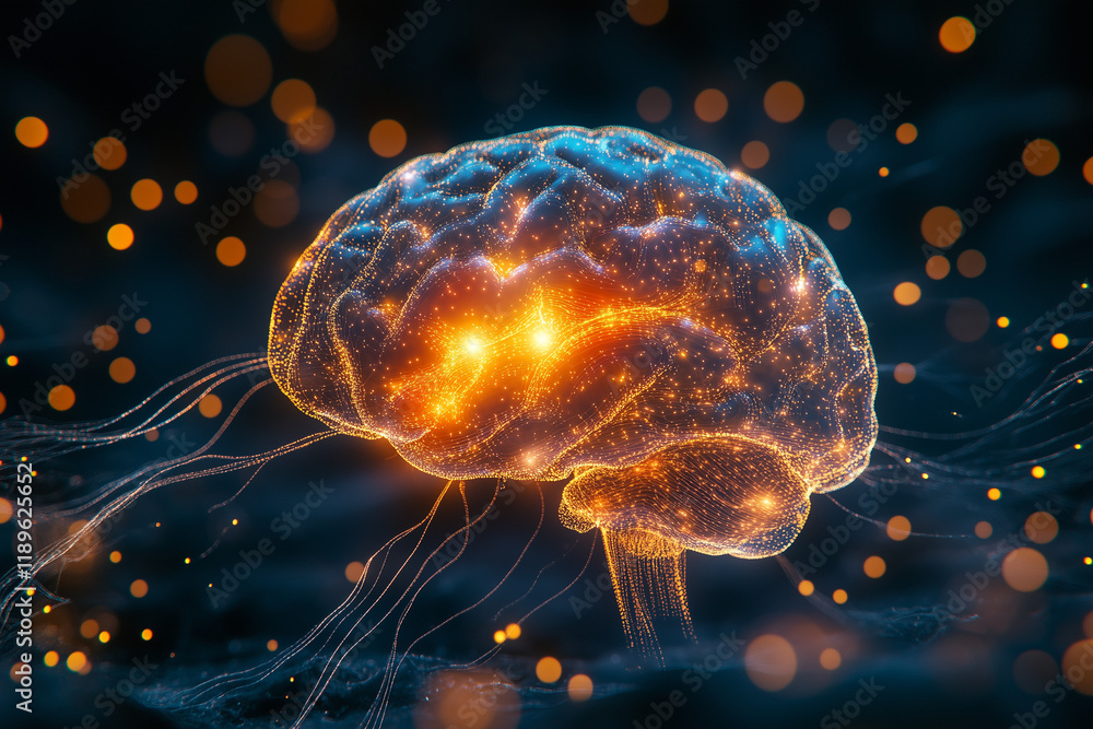 Poster glowing brain with neural connections and thinking process on dark background