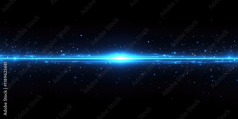 Poster light beam and data flow lines with digital particles on a black background