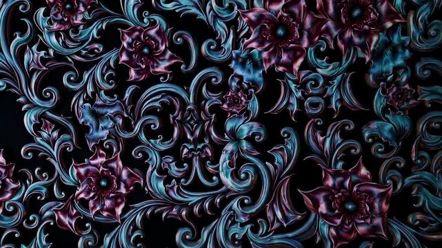 intricate floral pattern with rich purple, blue, and black tones