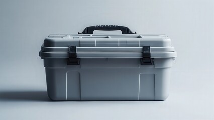 Gray plastic toolbox with black handle and latches