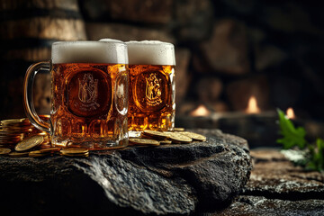 Frothy beer mugs on rustic stone table with glowing coins and firelight ambiance. St Patrick's day.