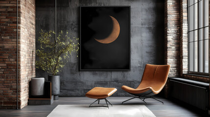 Black poster in a modern loft. 3d rendering. Moonshard. Illustration