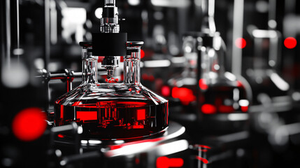Futuristic visualization of data monitoring in a chemical production process with glowing red highlights against a sleek black industrial background