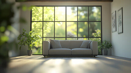 Blurred background, modern mansard, living room with sofa and kitchen. iron beams and resin floor. panoramic window with garden landscape. minimalist interior design. Moonshard. Illustration