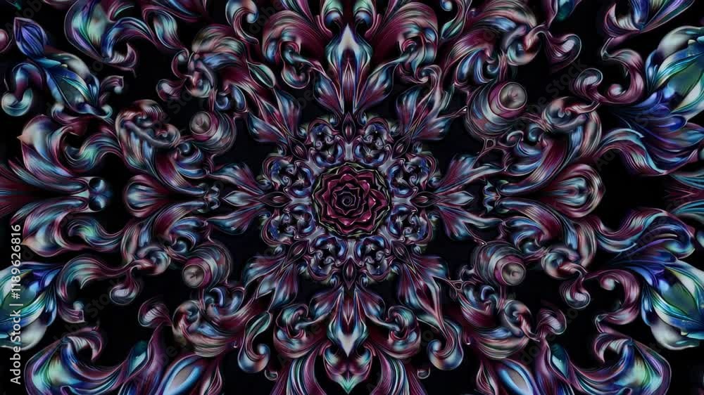 Poster symmetrical pattern with intricate swirls and rich purple and silver tones