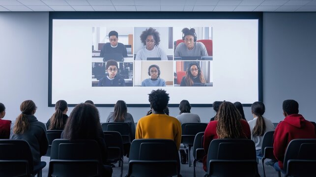 Students in classroom setting watching video conference with students in different locations. Many people seated in auditorium-style chairs. Big screen displays virtual students. Blended learning